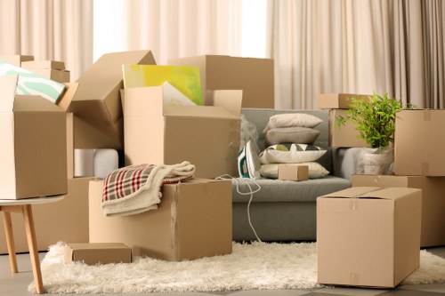 Packed office equipment ready for transport in Shoreditch