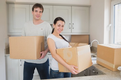 Packed boxes and furniture ready for a flat move in Shoreditch